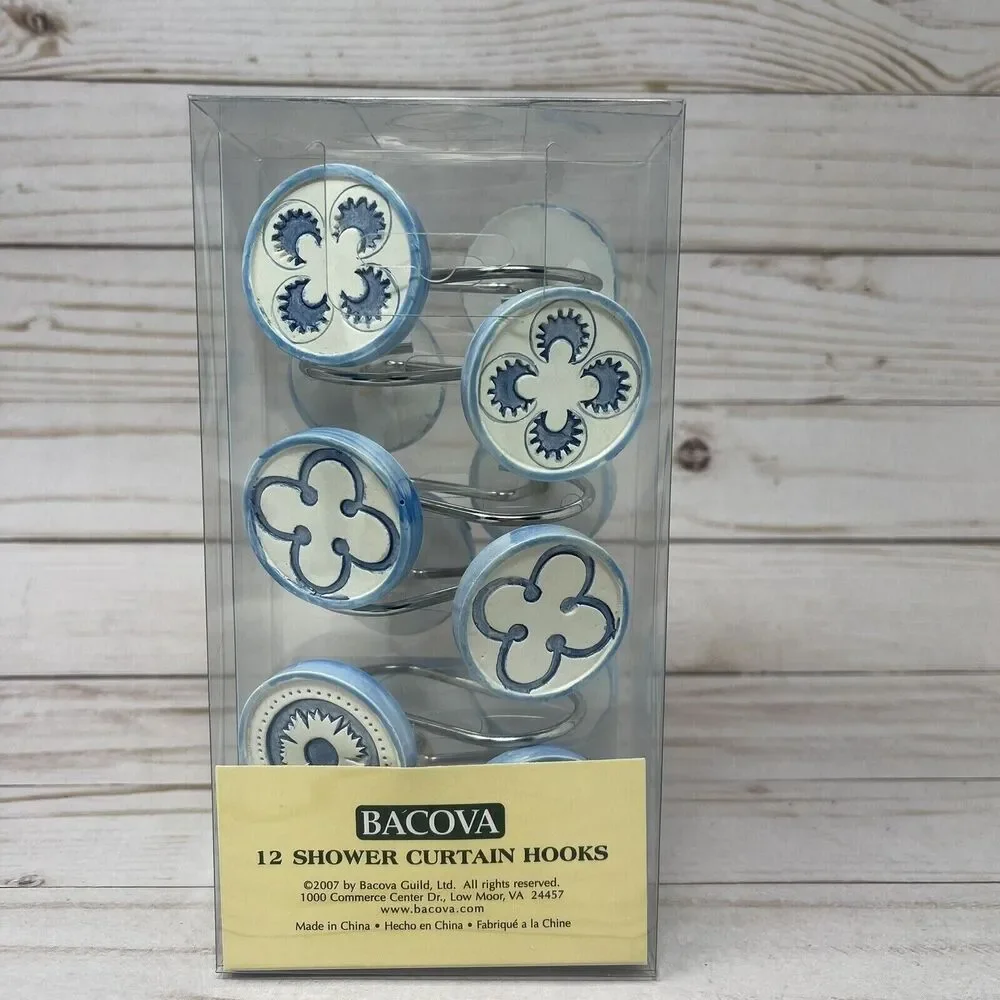 Ceramic Shower Curtain Hooks Set of 12 White Blue Flower Decal NEW